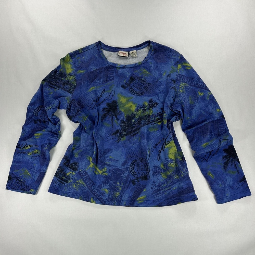 Jamaica Bay VTG 2000S/ Y2K Woman's Long Sleeve Tee Medium Tropical Printed Blue